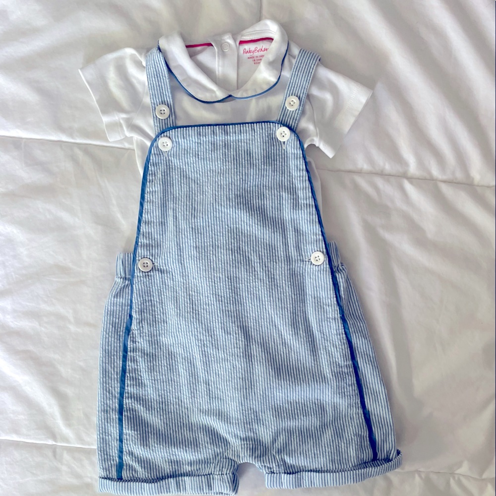 Mini Boden EUC Seersucker Overall Set